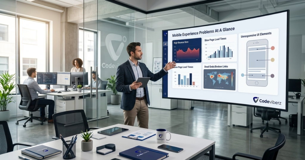 Alt text: A professional man holding a tablet points to a large digital screen displaying mobile experience analytics in a modern, open-concept office setting.