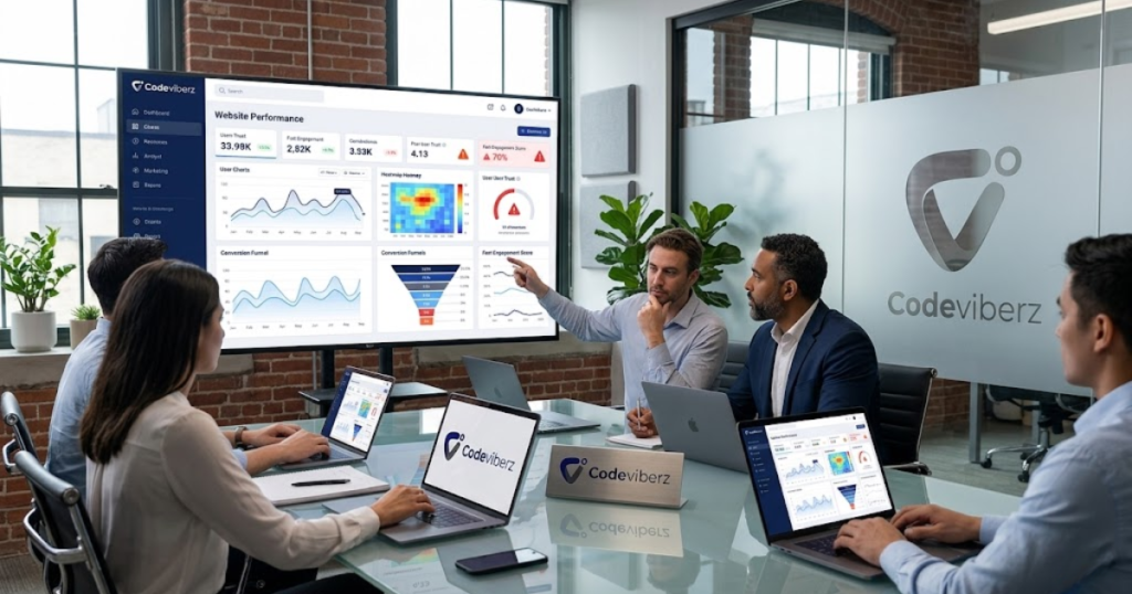A business meeting at Codeviberz, where a team gathers around a glass conference table with laptops while a man points to web performance data on a large presentation screen.