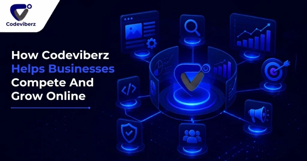 Codeviberz graphic featuring a central logo surrounded by interconnected blue digital service icons on a dark background.