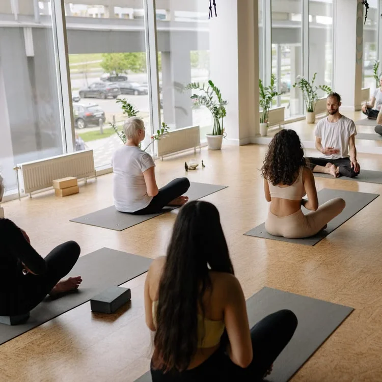 Group wellness session featuring individuals practicing seated meditation on yoga mats.