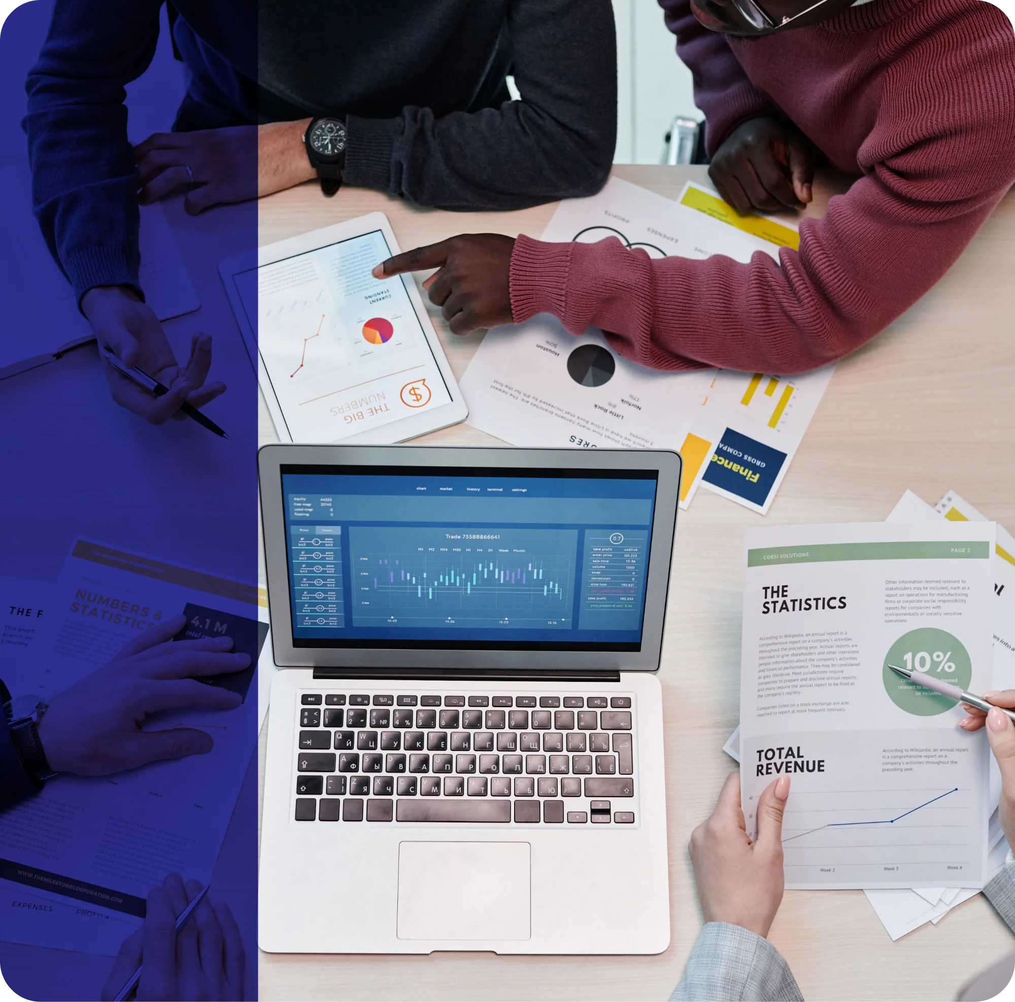 Team collaborating on digital marketing analytics, statistics reports, and campaign growth data in an office.