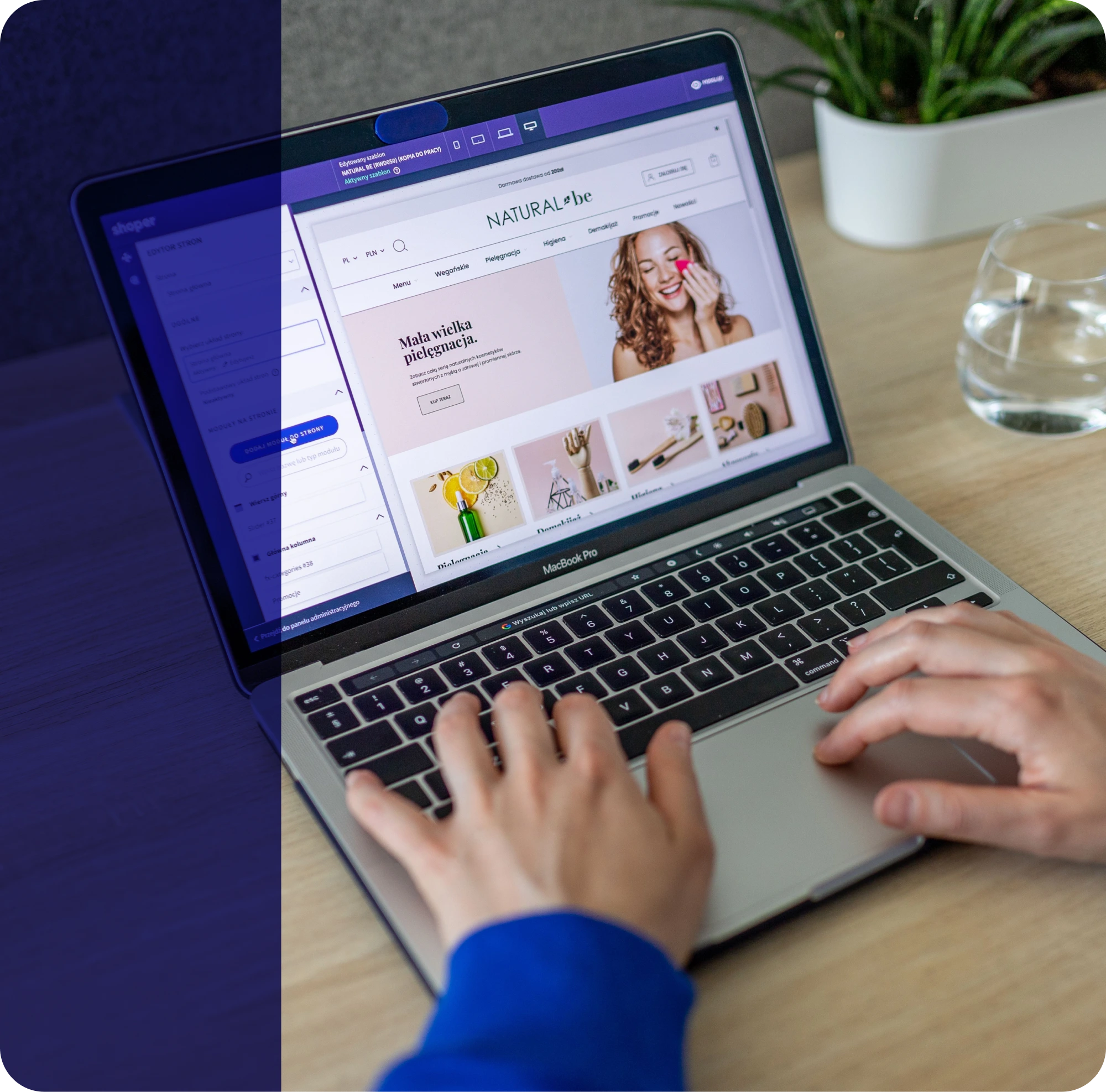 Laptop screen showing a clothing catalog while a user checks out with credit card payment details.