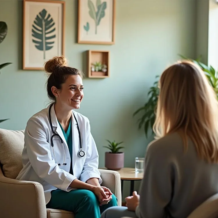 Friendly healthcare provider or consultant discussing plans and recommendations during a face-to-face meeting.