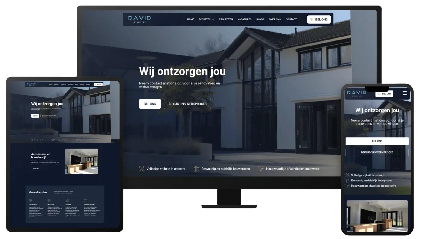 Multi-device responsive mockup of the David Groep BV website displayed across desktop, tablet, and mobile screens.