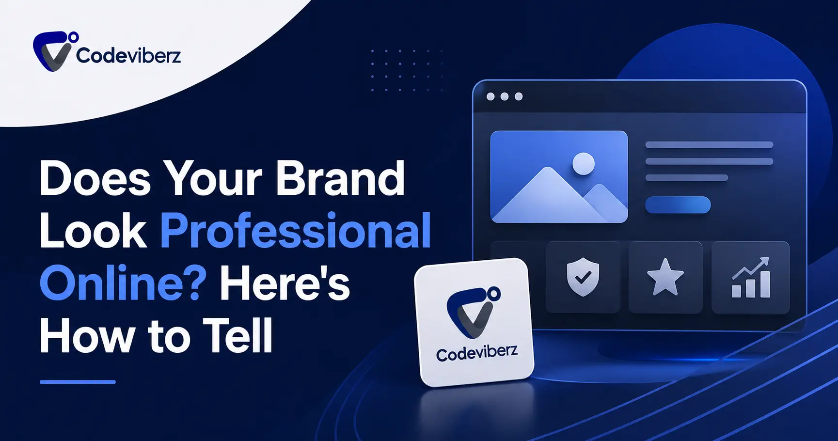 Blog featured image discussing online brand identity, featuring 3D web interface mockups, trust badges, and growth analytics icons