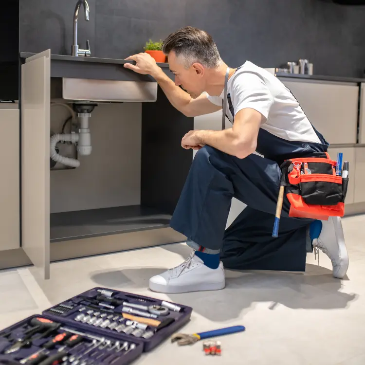 Plumber in overalls kneeling down to inspect the drainage pipes under a modern kitchen sink