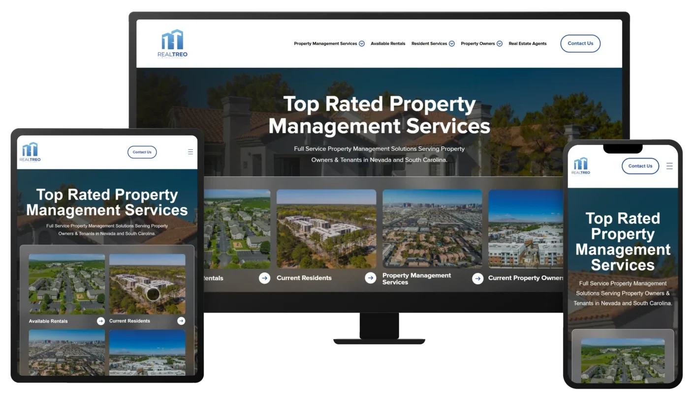 Multi-device responsive mockup of the RealTreo website displayed on desktop, tablet, and mobile screens.